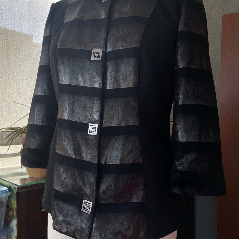 Chico's Black and Metallic Striped Jacket, 3/4 sleeves, size 48, made in Turkey